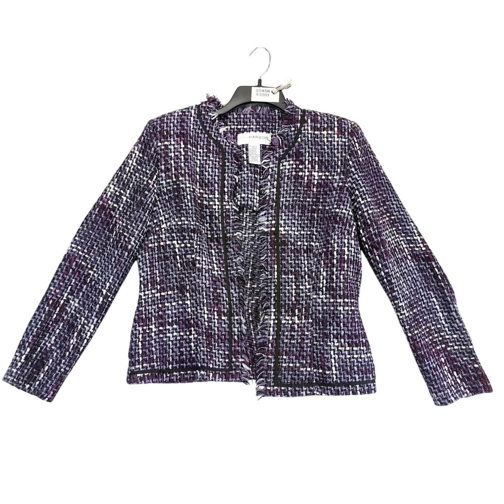 Sag Harbor Womens Jacket Sz 12 Purple Tweed Open Fringe Academia Clueless Preppy